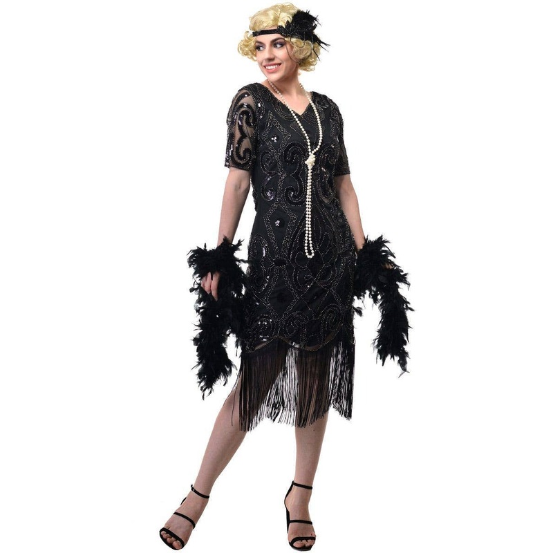 1920s Black Beaded Womens Plus Size Flapper Dress XXLarge