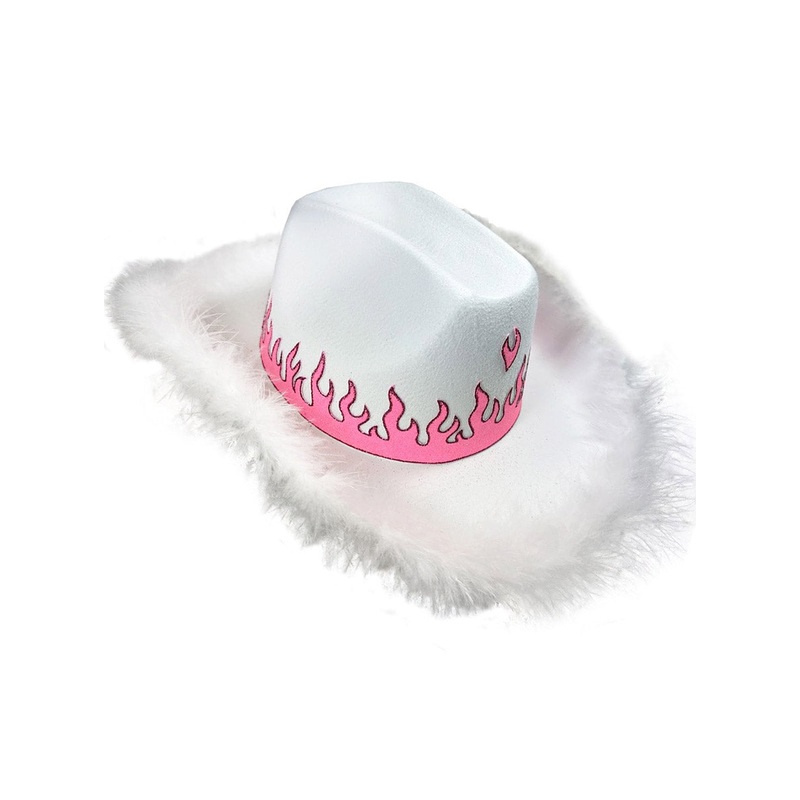 Feather Trim White Cowboy Costume Hat With Pink Glitter Flames