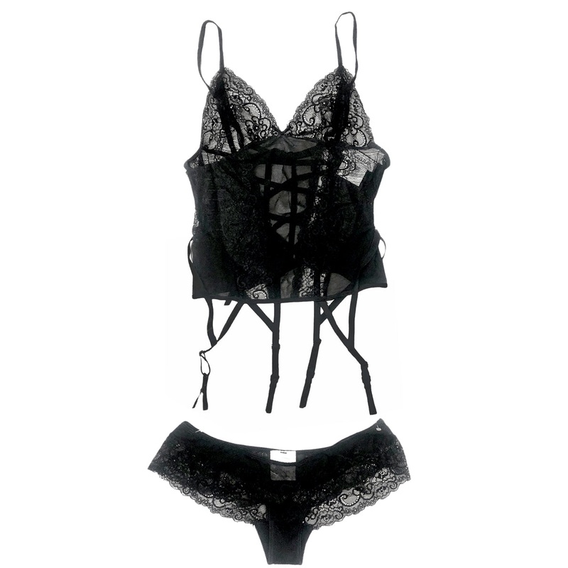 Sexy Black Stretchy lace Corset Set Womens – Size Large