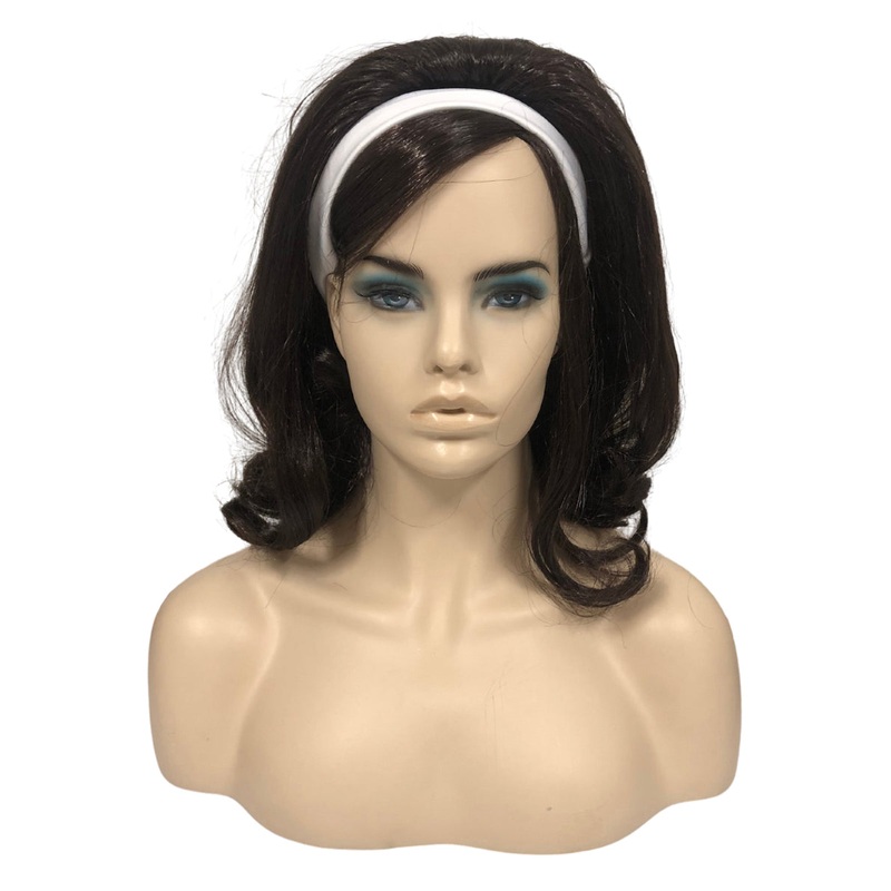 1960s Womens Dark Brown Flip Costume Wig with Headband