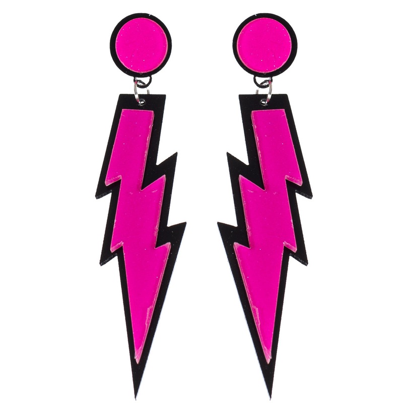 1980s Neon Pink Lightning Bolt Costume Earrings