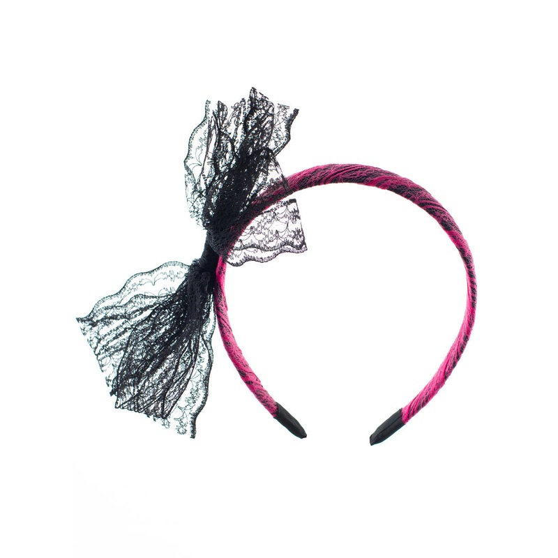 80s Neon Pink And Black Lace Costume Headband With Bow