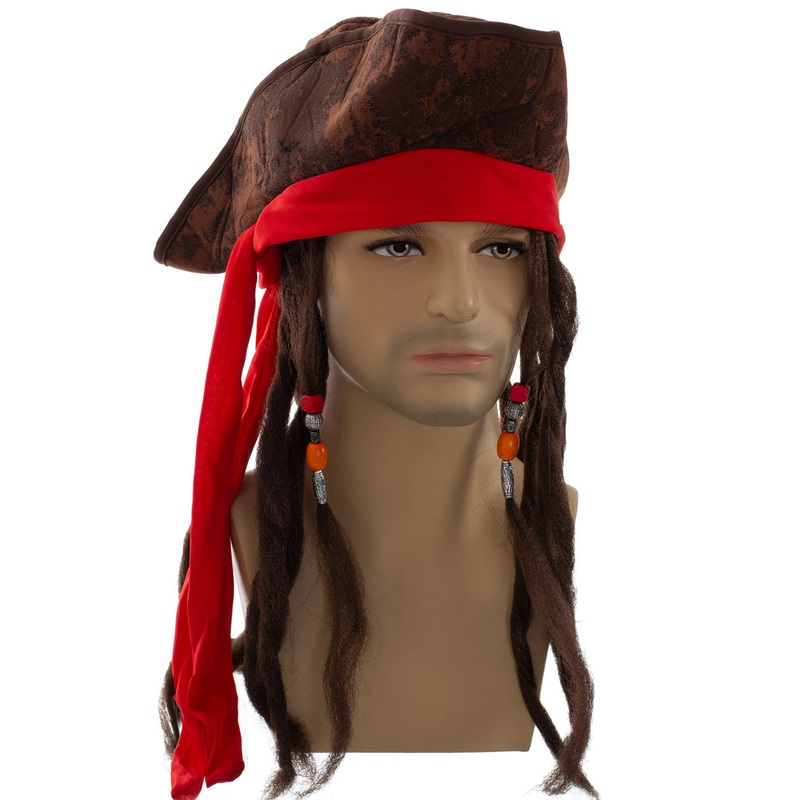 Distressed Look Brown Pirate Costume Hat With Dreadlocks