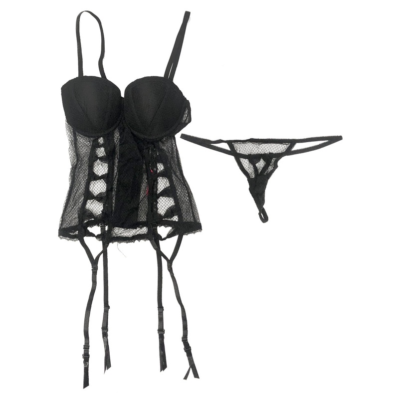 Sexy Black Fence Net Bustier with Moulded Cups Set Womens – Size Small