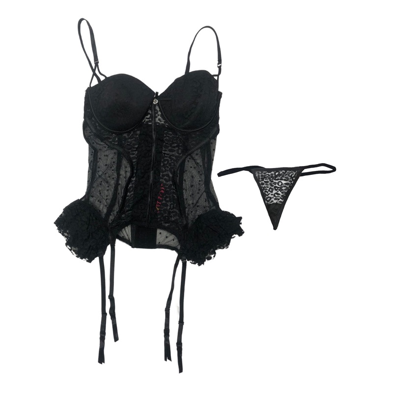 Sexy Black Leopard Mesh Bustier Set Womens – Size Large