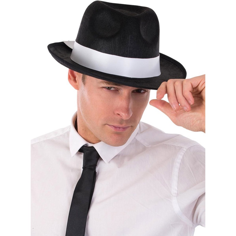 1920s Mens Black Fedora Costume Hat With White Band