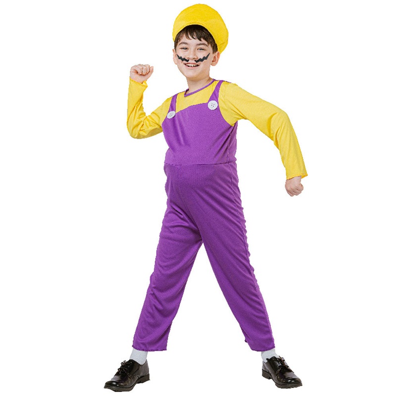 Yellow and Purple Boys Plumber Costume Medium