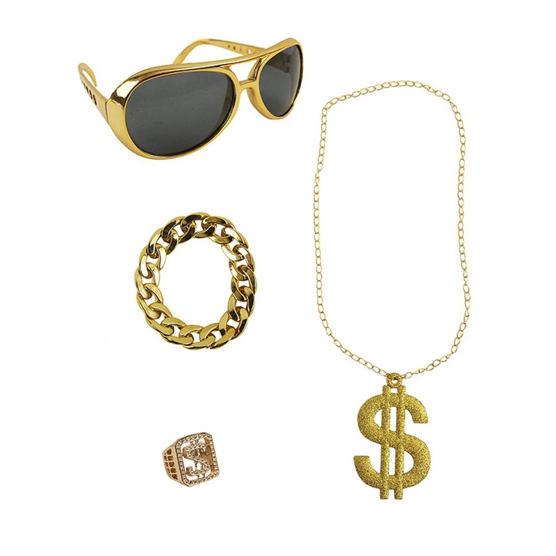 Bling Gold Hip Hop Glasses and Jewellery Costume Accessory Set