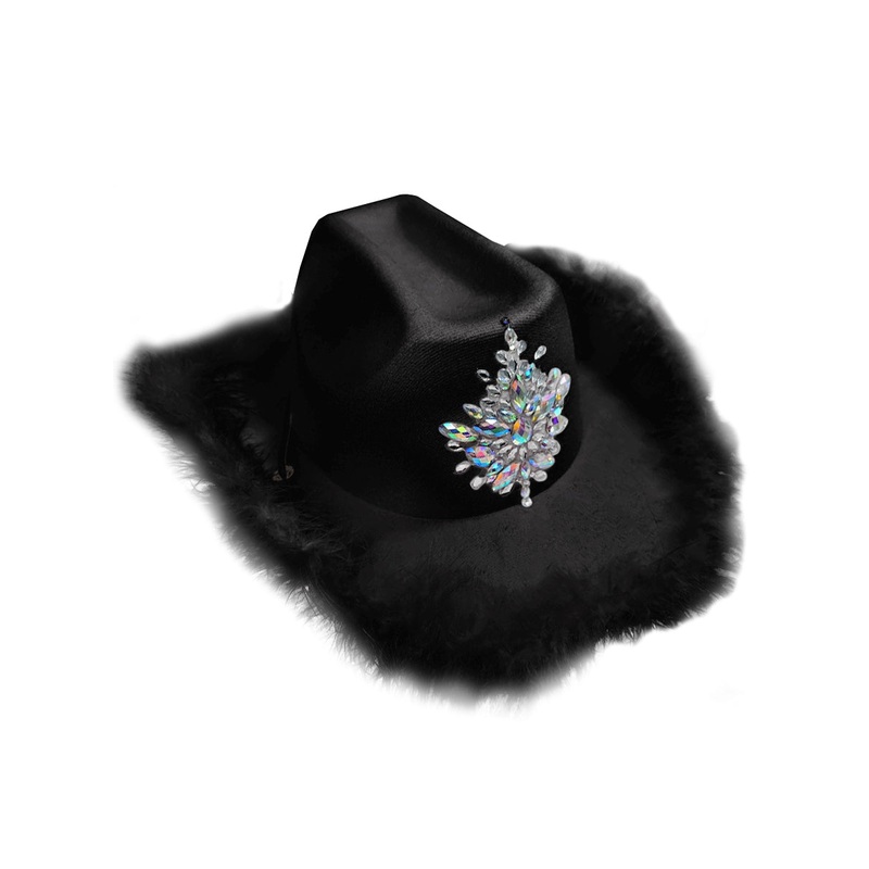 Feather Trim Black Costume Cowboy Hat With Iridescent Crystals