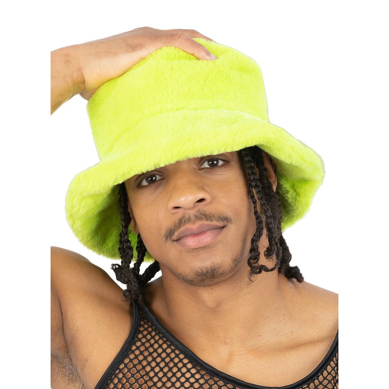 Faux Fur 90s Mens Green Costume Bucket Hat