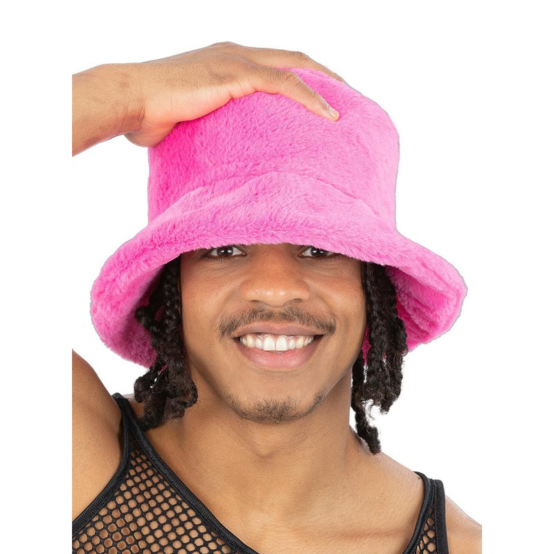 Faux Fur 90s Mens Pink Costume Bucket Hat