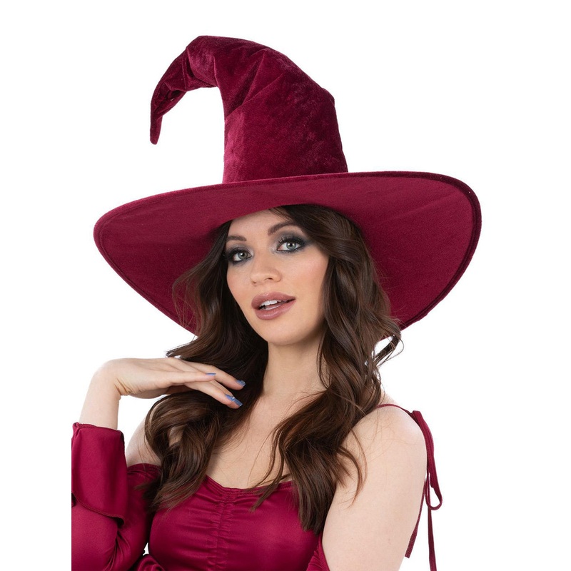 Crooked Burgundy Velour Womens Halloween Witch Hat