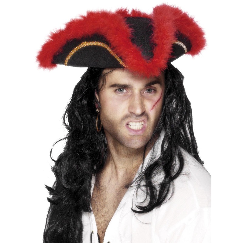 Feather Trim Red and Black Pirate Costume Hat