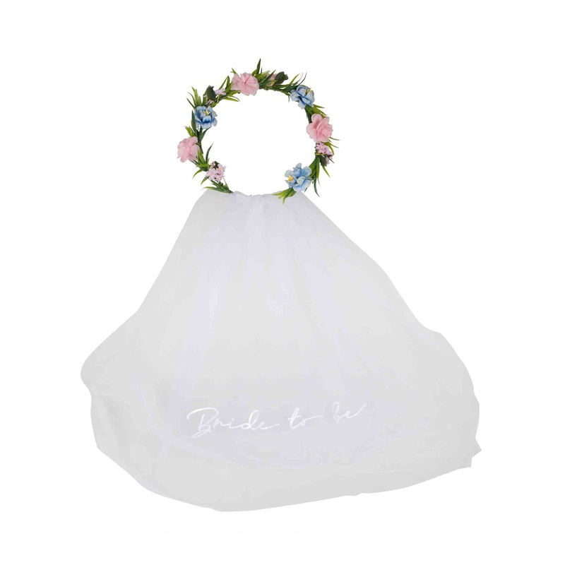 Boho Bride Hens Night Embroidered Veil With Flower Crown