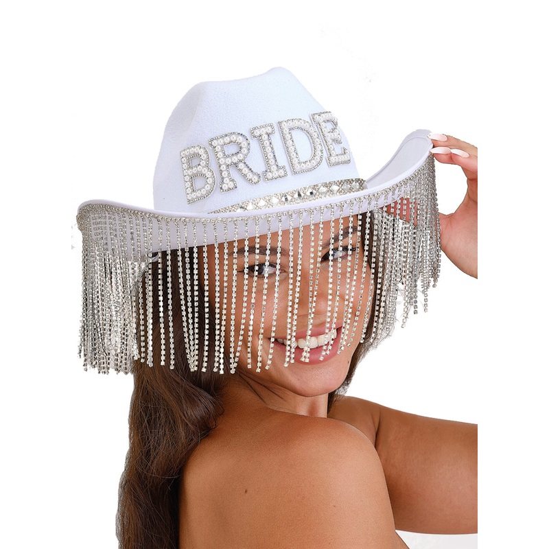 Deluxe White Bride Hens Party Cowboy Hat With Diamante Tassels