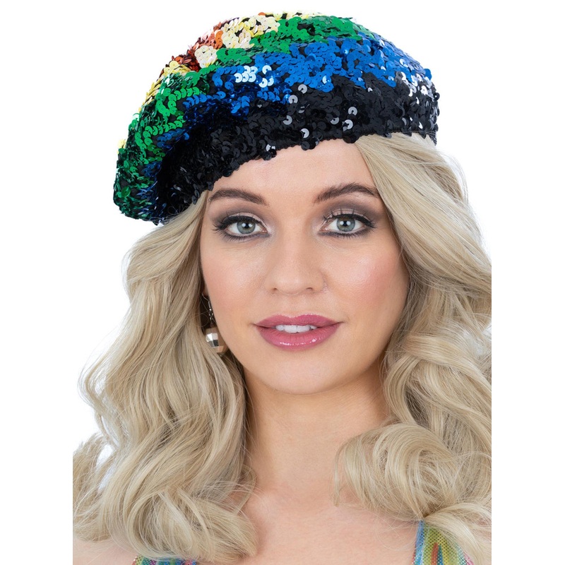 Rainbow Sequined Womens Beret Costume Hat