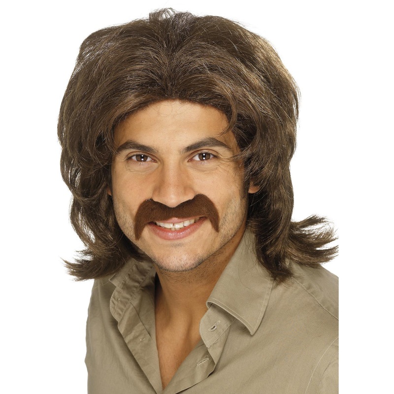 Retro 70s Mens Brown Costume Wig And Moustache Set