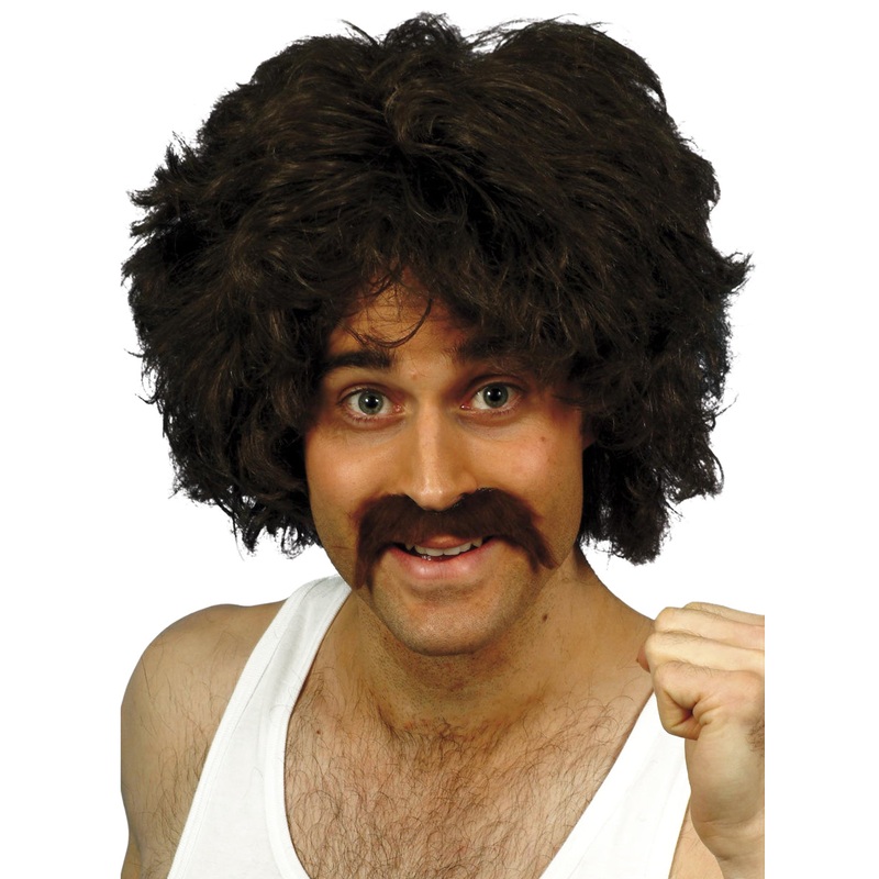 Retro Black Mens Costume Wig and Moustache