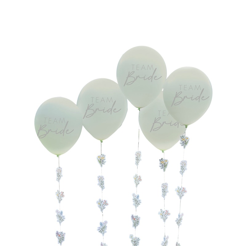 Team Bride Light Green Latex Balloons With 1m Long Floral Twine Tails 5 Pack