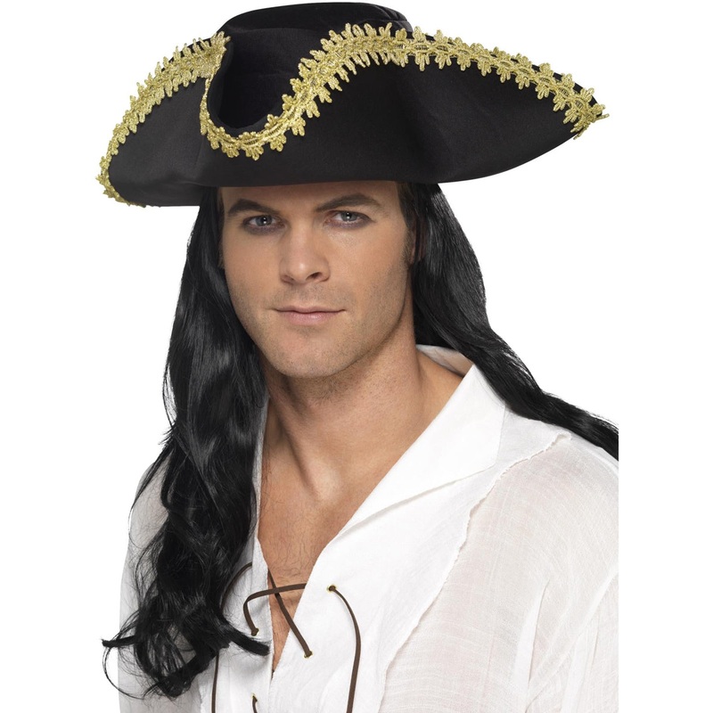 Tricorn Black and Gold Mens Pirate Costume Hat