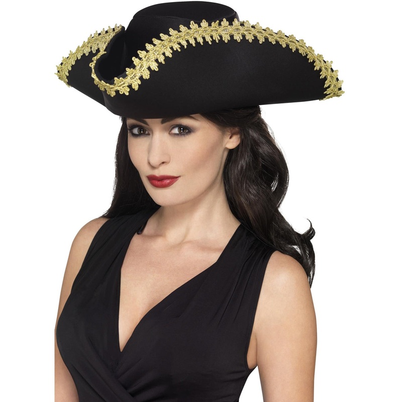 Tricorn Black and Gold Womens Pirate Costume Hat