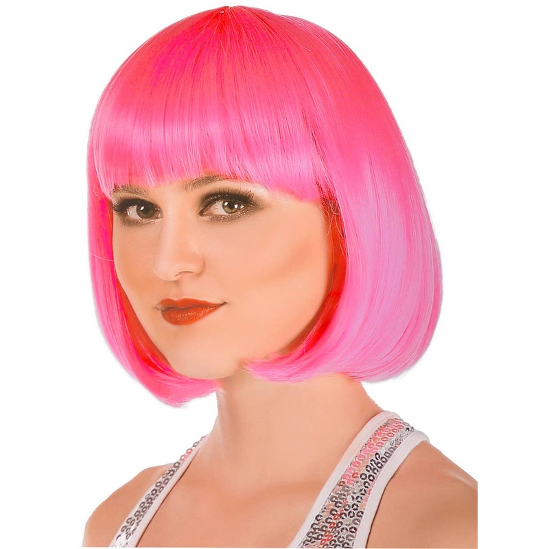 Bright Pink Womens Bob Costume Wig with Fringe