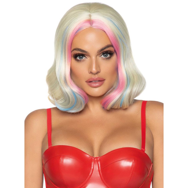 Harlequin Womens Short Blonde Costume Wig with Streaks