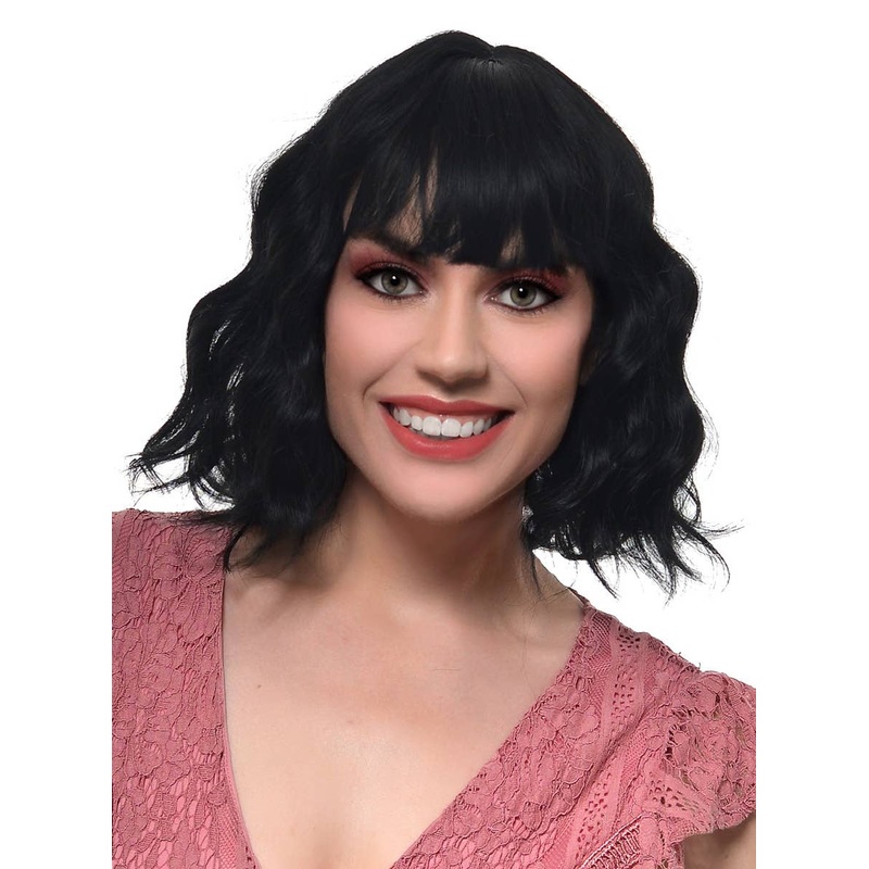 Short Black Wavy Bob Fashion Wig with Fringe and Skin Top Part