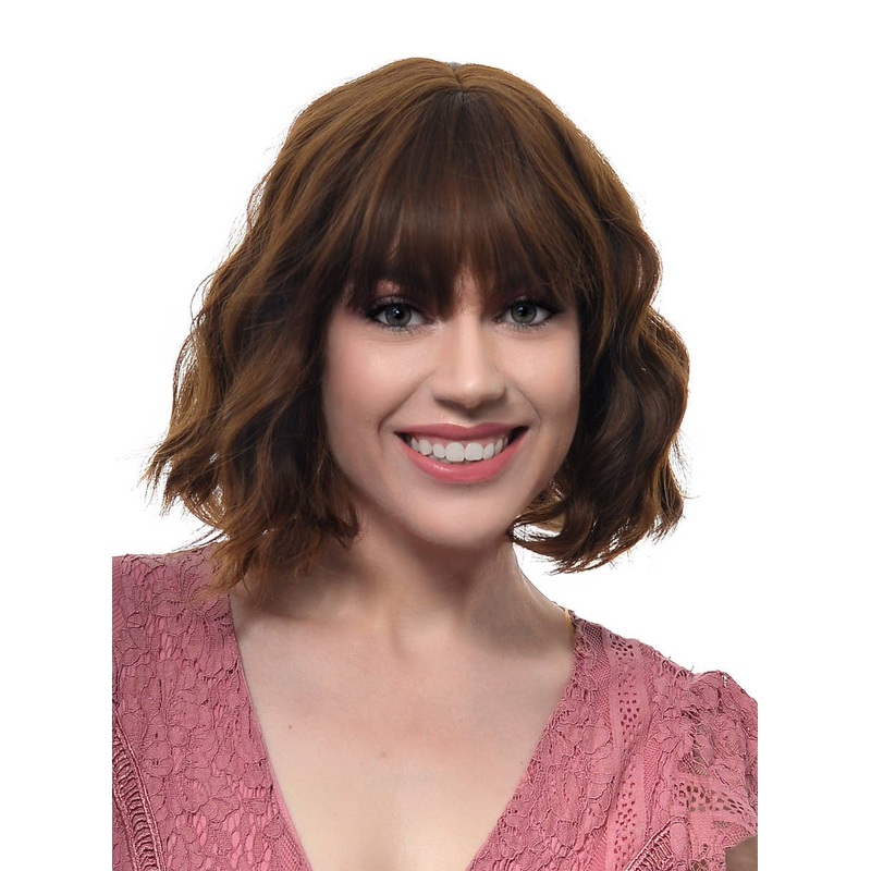 Short Brown Wavy Bob Fashion Wig with Fringe and Skin Top Part