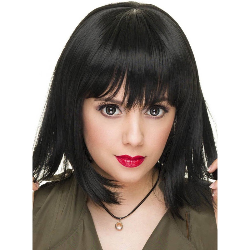 Straight Black Heat Resistant Womens Bob Wig with Front Fringe