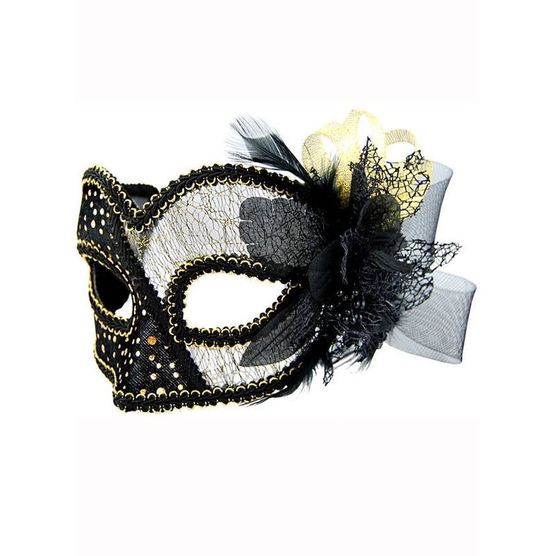 Sheer Lace Black and Gold Masquerade Mask on Glasses Arms