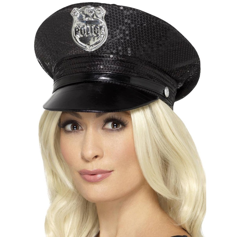 Deluxe Womens Sequinned Black Police Costume Hat