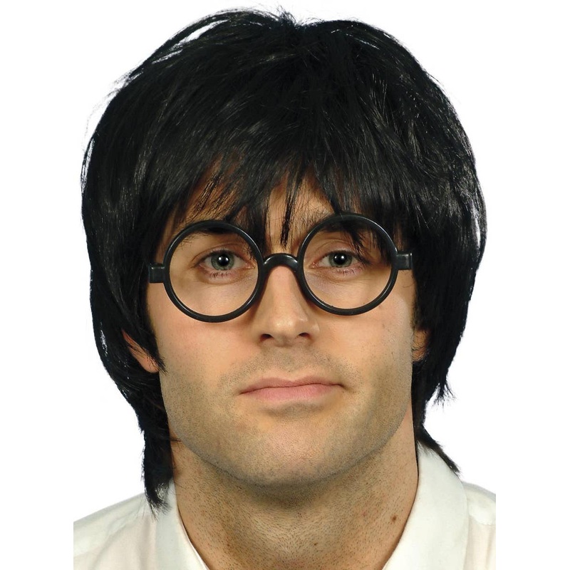 Schoolboy Mens Short Black Wig and Glasses Set