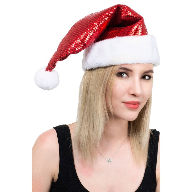 Sequined Red Santa Hat with Faux Fur Trim