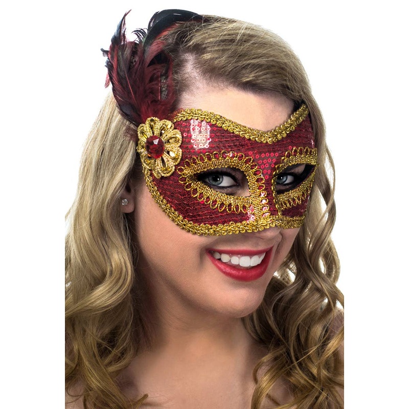 Sequinned Red and Gold Feather Masquerade Mask