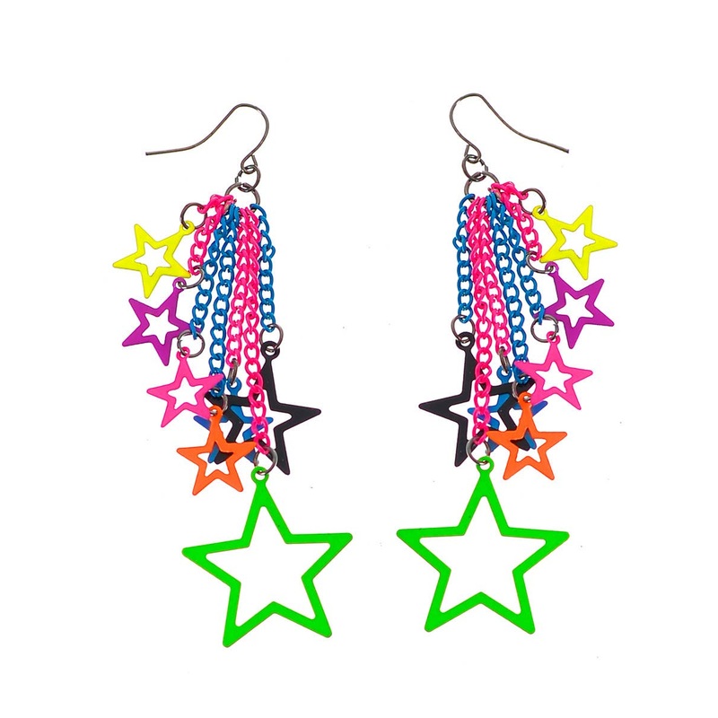 1980s Neon Rainbow Stars 10cm Drop Costume Earrings