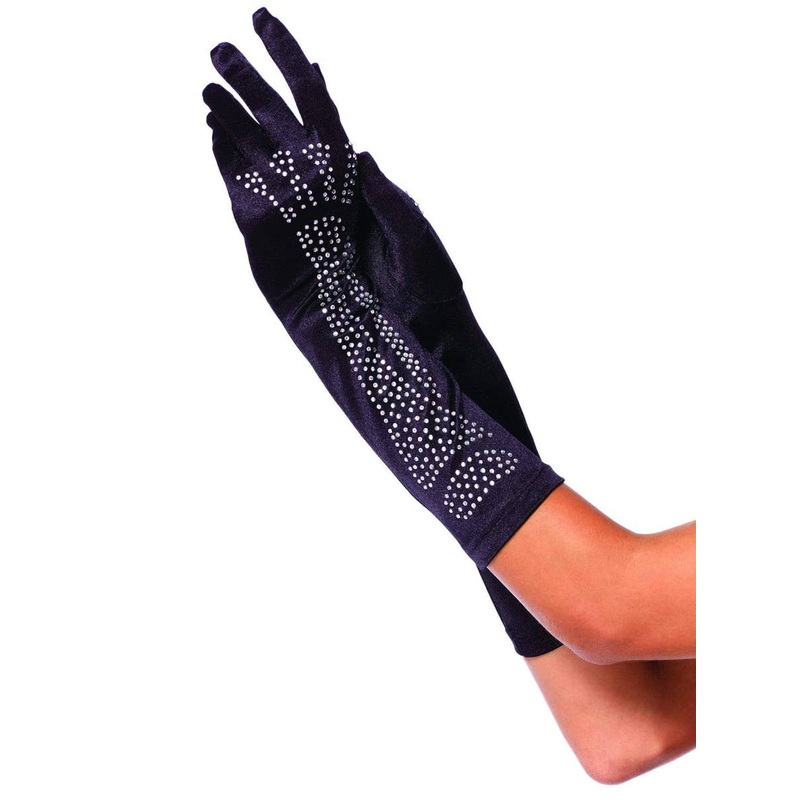 Black Elbow Length Rhinestone Skeleton Costume Gloves