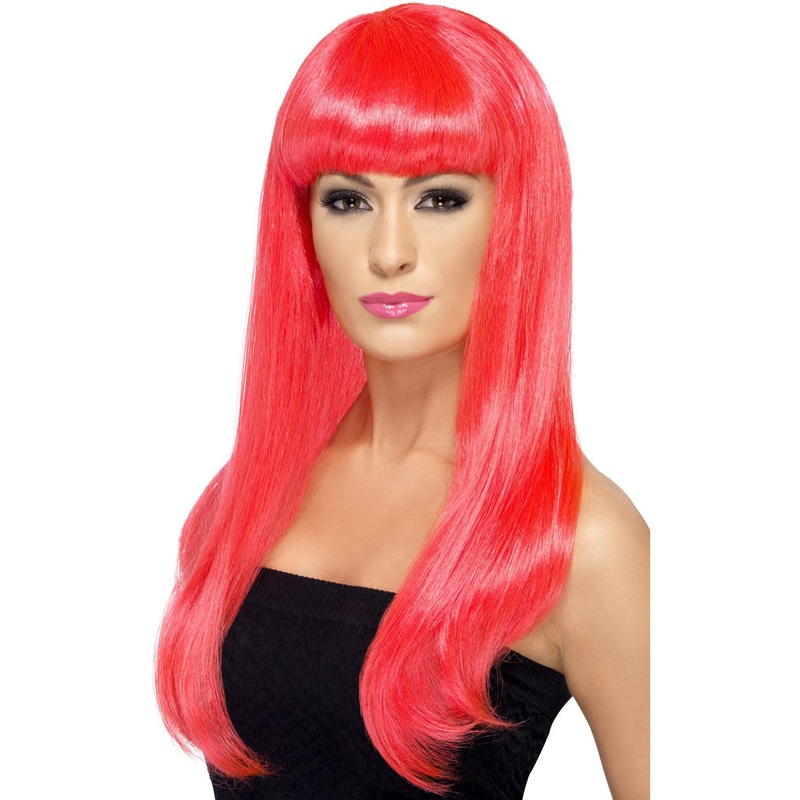 Babelicious Womens Long Neon Pink Costume Wig with Fringe