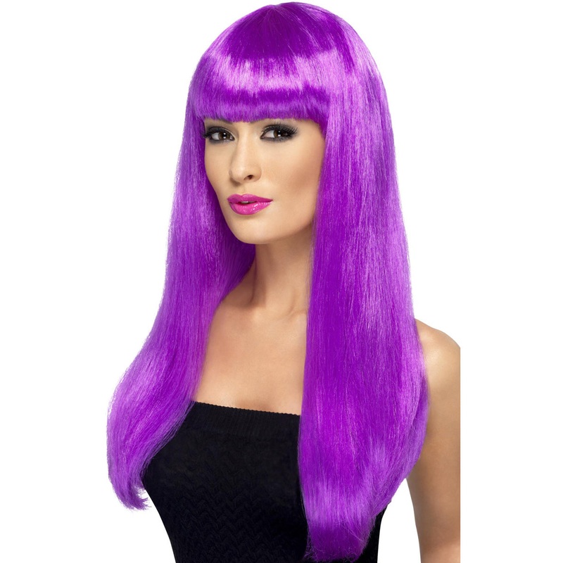 Babelicious Womens Long Neon Purple Costume Wig with Fringe