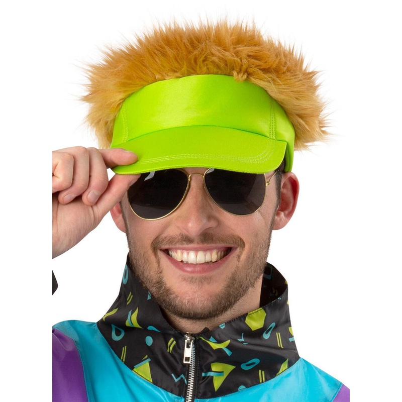 Neon Green 80s Costume Visor With Attached Hair
