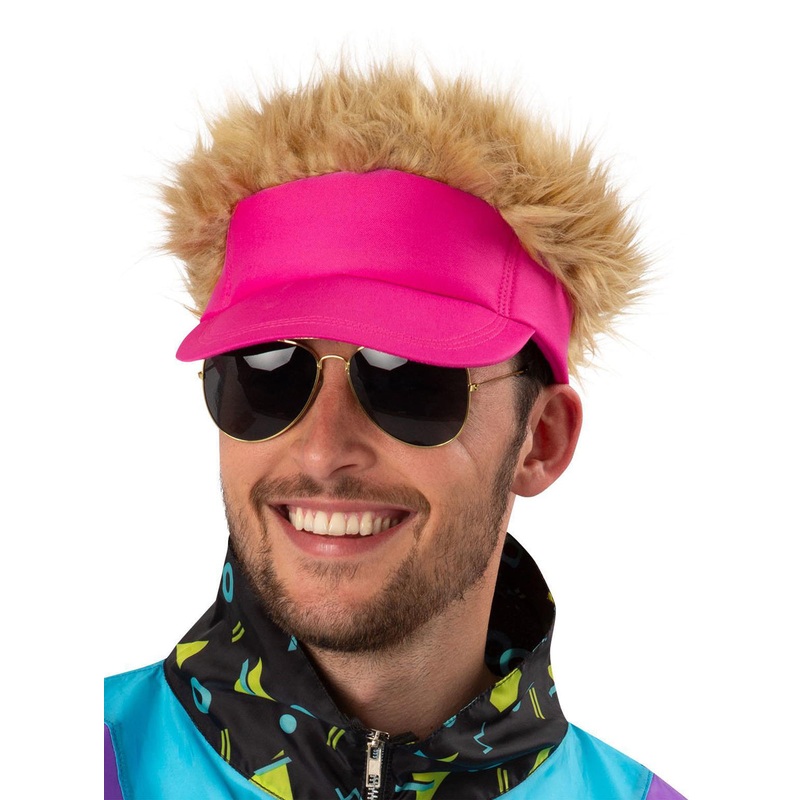 Neon Pink 80s Costume Visor With Attached Hair