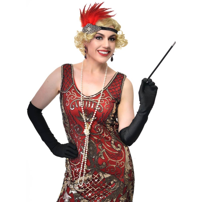 1920s Gatsby Red Feather Headband 5 Piece Accessory Set