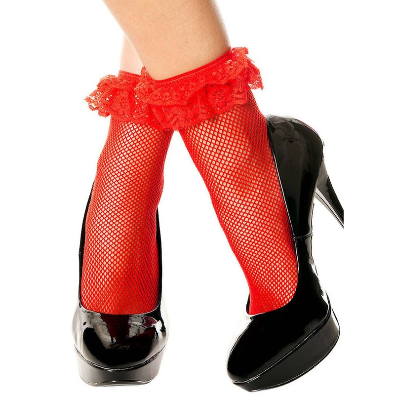 Ankle Length Red Fishnet Socks with Ruffles