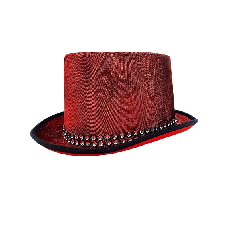 Glittery Red Lurex Top Hat with Rhinestone Band