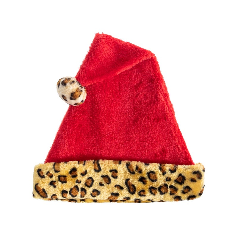 Plush Red Christmas Santa Hat with Leopard Print Trim