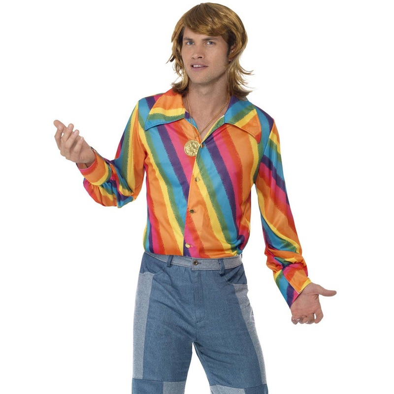 1970s Rainbow Striped Mens Hippie Costume Shirt Large