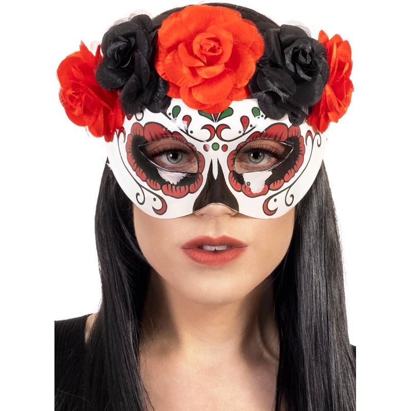 Day of the Dead Red and Black Masquerade Mask with Roses