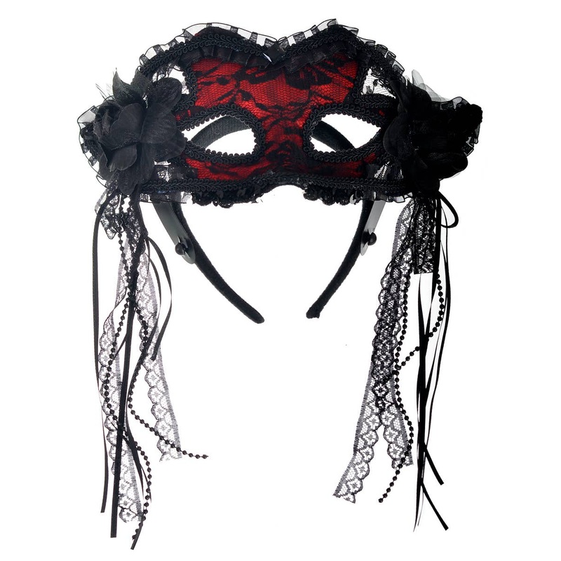 Floral Red and Black Lace Masquerade Mask with Ribbons