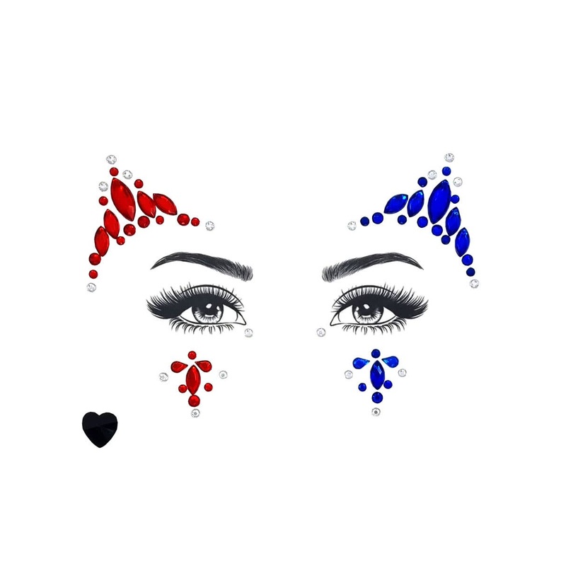 Harley Quinn Red and Blue Stick On Face Jewels