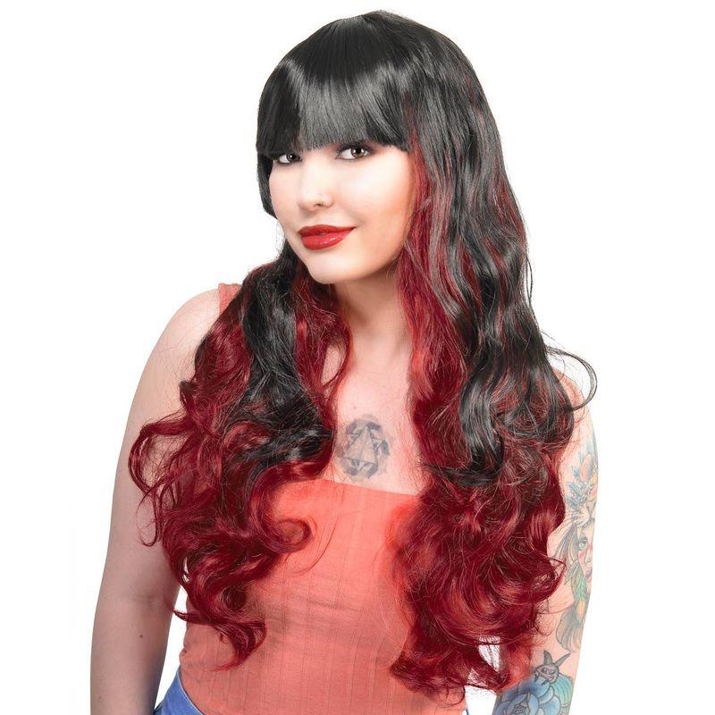Quinn Red and Black Layered Curly Womens Costume Wig